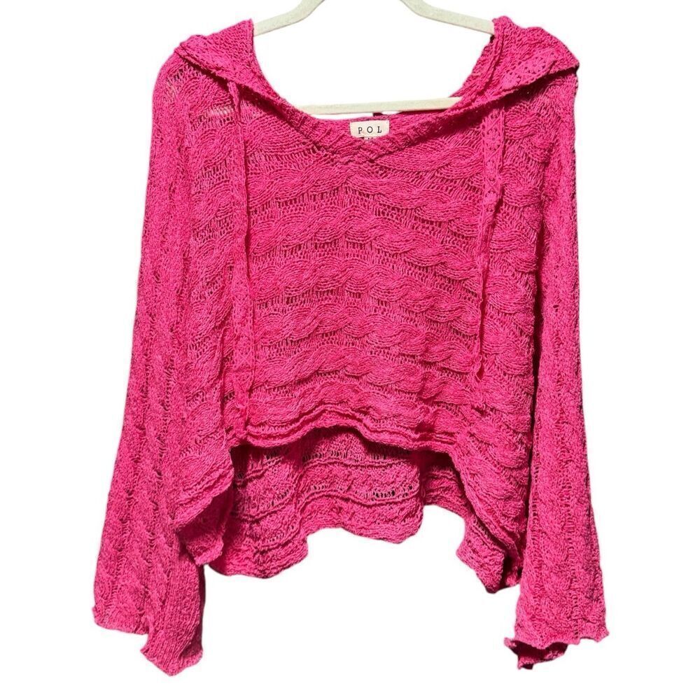 POL Hot Pink Open Knit Cropped Hoodie Sweater Boho Lace Long Sleeve Top NEW - Picture 11 of 14